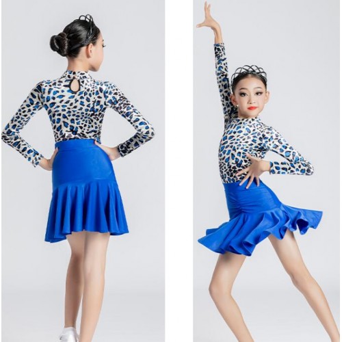 Girls kids Royal blue with blue leopard velvet ballroom latin dance dresses modern salsa chacha dance outfits for children